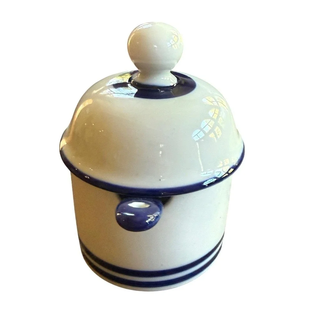 Vintage Dansk Cobalt Blue Stripe Stoneware Mustard Pot with Lid & Spoon Japan